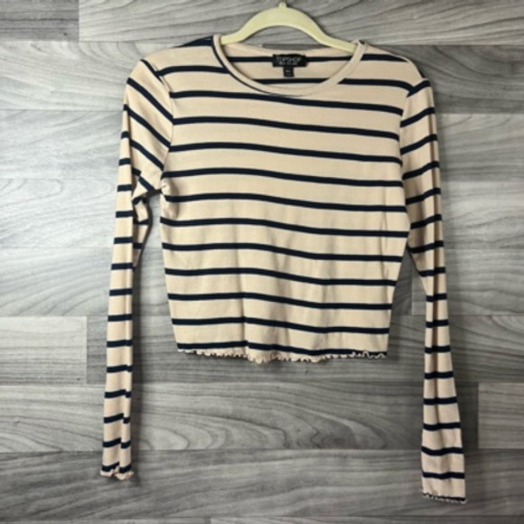 Topshop Tops - Topshop Womens Crop Top Beige Striped Long‎ Sleeve Scoop Neck Lettuce Edge 8